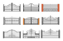 Set Of Ornamental Forged Gates Vector Flat Illustration Decorative Curved Metallic Railing