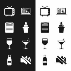 Sticker - Set Speaker, Notebook, Television tv, Medical clinical record, Wine glass and Martini icon. Vector