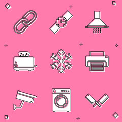 Poster - Set Chain link, Wrist watch, Kitchen extractor fan, Toaster with toasts, Snowflake and Printer icon. Vector