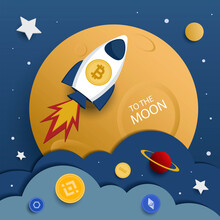 Bitcoin To The Moon. Cryptocurrency Concept. Vector Illustration