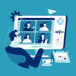 Distance working. The manager communicates with colleagues via a computer network. Business vector illustration