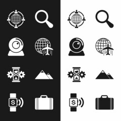 Poster - Set Globe with flying plane, Web camera, Outsourcing concept, Magnifying glass, Hourglass and gear and Mountains icon. Vector