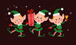 © artflare - Set of different cute little Santa elves characters with gift box, ring bell, dance isolated. Vector flat cartoon illustration. For Christmas cards, patterns, banners, stickers.