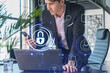 © VideoFlow - Businessman in suit checking cyber security using smart phone to protect clients confidential information. IT hologram lock icons over modern panoramic office background.