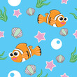 Smiling Nemo fish seamless pattern, shellfish, sea fish, seaweed on blue color background, anemonefish