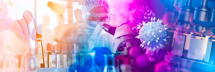 panoramic web banner of doctor use microscope in a medical research lab or science laboratory, study