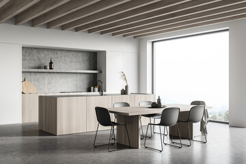 Cozy kitchen room interior with dining table and six chairs