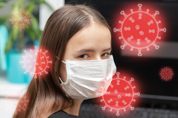 Wall Mural - covid microbe, virus in public places,in the office at work,a girl in a mask at the computer