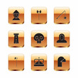 Set Medieval iron helmet, halberd, King crown, Skull, Castle tower, chained mace ball, and axe icon. Vector