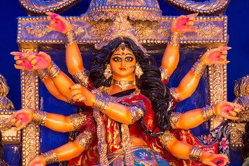 Close up view of Maa Durga's Face during Durga Puja festival.