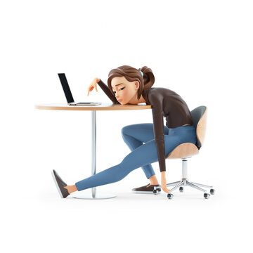3d exhausted cartoon woman leaning on her desk