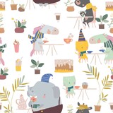 Seamless Pattern of Cute Cartoon Animals sitting in Cafe