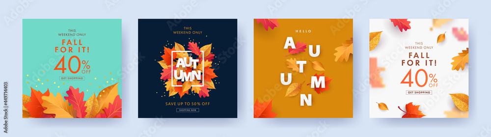 Fall Ad Background Autumn Sale background, banner, or flyer design. Set of colorful autumn ...