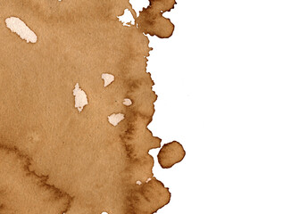 Poster -  Big abstract splash tea spots on half page. Dirty stain or coffee stamp. Background frame for text