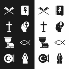 Sticker - Set Cross ankh, Christian cross, Holy book of Koran, grail chalice, fish, Hands in praying position and Star crescent icon. Vector