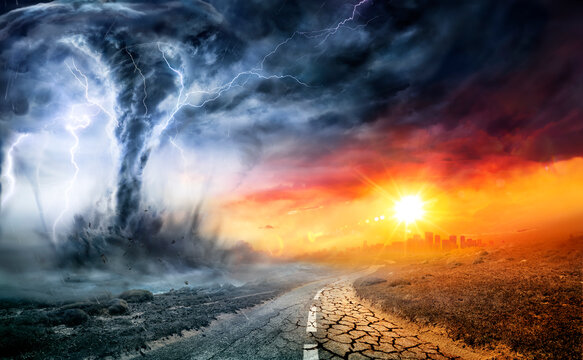 tornado in stormy landscape - climate change and natural disaster concept