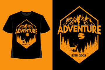 T-shirt design of adventure pine deer mountain retro vintage illustration