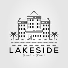 Wall Mural - lakeside hotel and resort line art logo vector illustration design