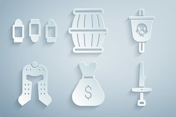 Wall Mural - set old money bag, pirate flag, medieval helmet, dagger, gun powder barrel and bullet icon. vector