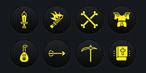 Sticker - Set Lute, Body armor, Arrow, Pickaxe, Crossed human bones, Sword for game, Holy bible book and icon. Vector