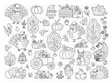 Vector Black And White Thanksgiving Elements Set. Autumn Line Icons Collection With Turkey, Animals, Harvest, Cornucopia, Pumpkins, Trees. Fall Holiday Outline Pack With Car, Tractor, Fruit.