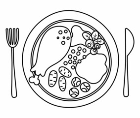 Wall Mural - Vector black and white plate with traditional Thanksgiving meal, fork and knife. Outline roast turkey with cranberry sauce. Christmas or Thanksgiving festive food. Holiday outline meal illustration.