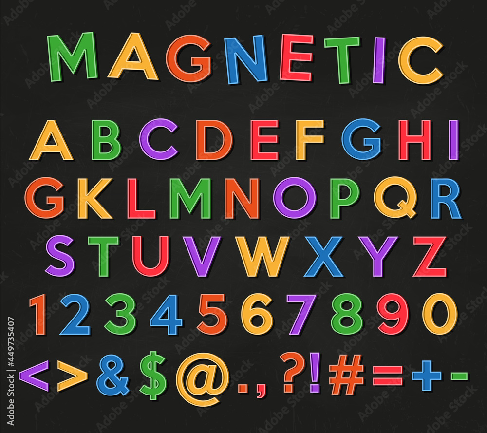 Alphabet, numbers and symbols. Colored magnets letters and numbers on a ...