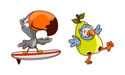 Sticker - Funny Humanized Bird Character Skateboarding and Wearing Pear Costume Vector Set