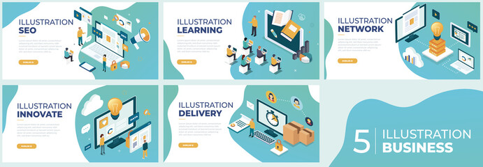 Wall Mural - business isometric illustrations. mega set. collection of scenes with men and women taking part in b