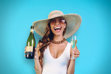 Poster - Beautiful young smiling woman in elegant hat holding champagne bottle and drinking glass