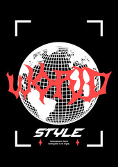 abstract world poster. acid graphic style, rave, mesh, text design, planet earth isolated on black b