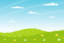 Horizontal Summer Landscape. A Field, Glade With Whitw And Yellow Flowers, Hills. Clear Weather. Color Vector Illustration. Nature Background With Empty Space For Text