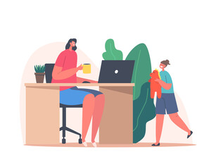 Wall Mural - Mother Character Work from Home Office with Child Playing nearby. Remote Freelance Job Concept. Freelancer Woman