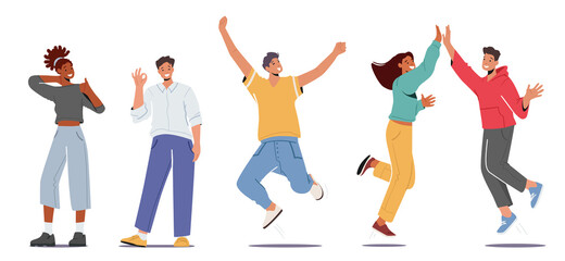 Set of People Feeling Positive Emotions, Giving Highfive, Show Ok Gesture, Jumping with Raised Arms and Showing Thumb Up