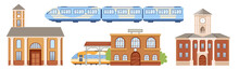Railway Station Building Facade And Modern Train. Platform Design With Clock Tower On Roof And Clock, Exterior Isolated