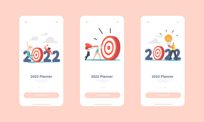Wall Mural - 2022 New Year Goal Achievement Mobile App Page Onboard Screen Template. Business Characters Throw Darts to Target