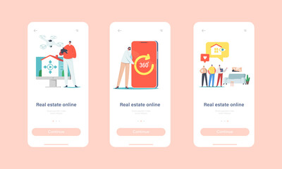 Real Estate Virtual Tour Mobile App Page Onboard Screen Template. Realtor and Clients Distantly Choose Apartment to Buy