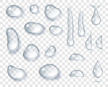 Set Of Different Water Drops Realistic Droplets Of Pure Liquid Isolated On Transparent Background