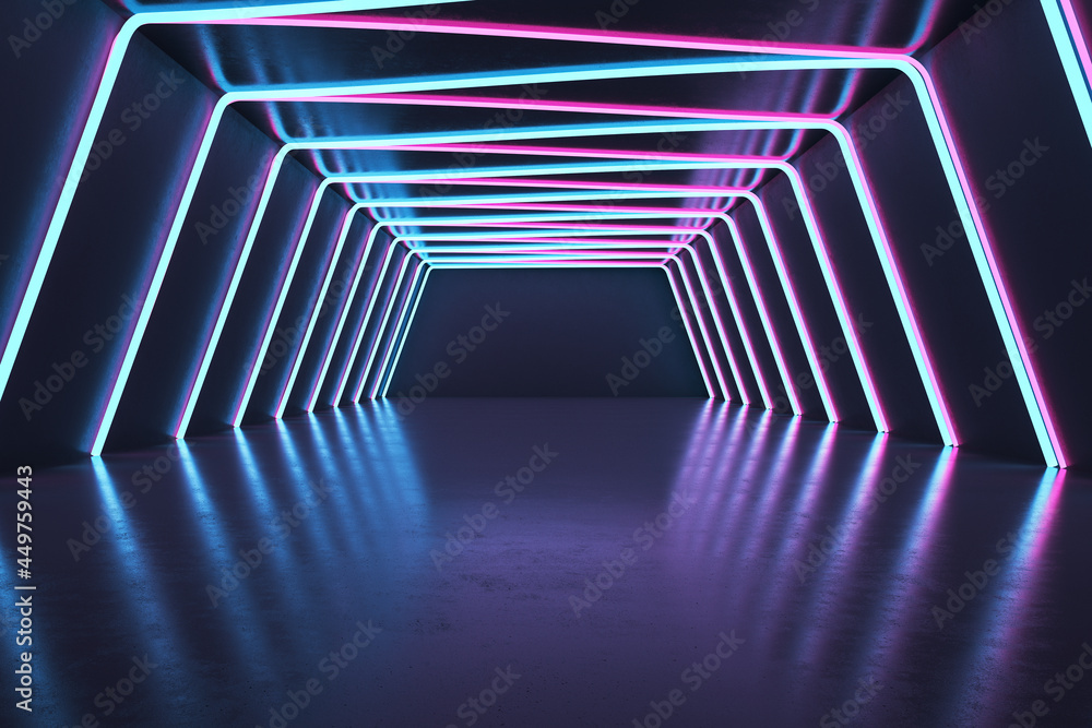 Dark futuristic interior with neon lights. Design concept. 3D Rendering ...