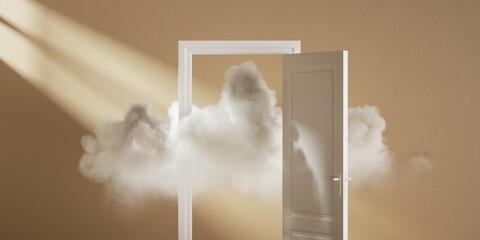 Wall Mural - 3d render. White cloud flying through the open door, isolated on beige background. Abstract metaphor, modern minimal concept. Surreal dream scene