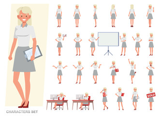 Set of business woman character vector design. Presentation in various action with emotions, running, standing and walking. People working in office planning, thinking and economic analysis.