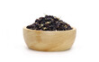 © Cheattha - Black wolfberry in wooden bowl isolated on white background. Commonly known as black fruit wolfberry, goji nero, siyah goji. Used in traditional Chinese medicine, herbal tea