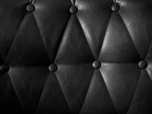 Leather Sofa With Pins And Buttons Background. Close Up Of Vintage Black Leather Sofa Surface.