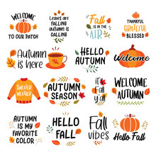 Autumn Hand Drawn Lettering Set. Autumn Phrases With Slogan Stickers Bundle Design.