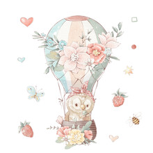 Set Of Cute Cartoon Owl In A Balloon With Flowers, Bees, Berries And Butterflies
