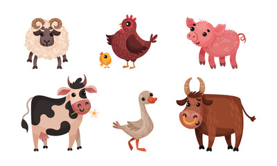 Canvas Print - Farm Animals with Cow and Sheep Vector Set