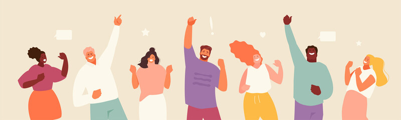 Happy people winners. Victory gestures yes, goal achievement, successful project. Vector web illustration