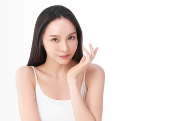 Wall Mural - Beautiful young asian woman with clean fresh skin on white background, Face care, Facial treatment, Cosmetology, beauty and spa, Asian women portrait.