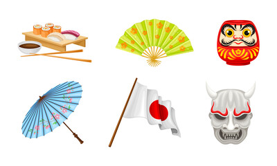 Wall Mural - Japan Symbols with Served Sushi or Maki and Flag on Pole Vector Set