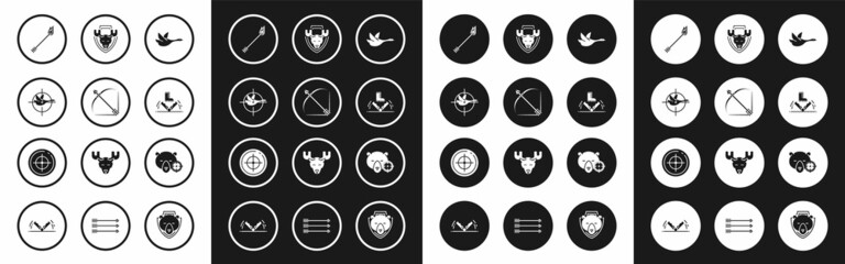 Sticker - Set Flying duck, Bow and arrow quiver, Hunt on with crosshairs, Flame, Trap hunting, Moose head shield, bear and Target sport for shooting competition icon. Vector